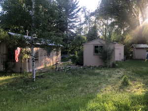 Spacious outdoor area featuring mature trees and multiple outbuildings