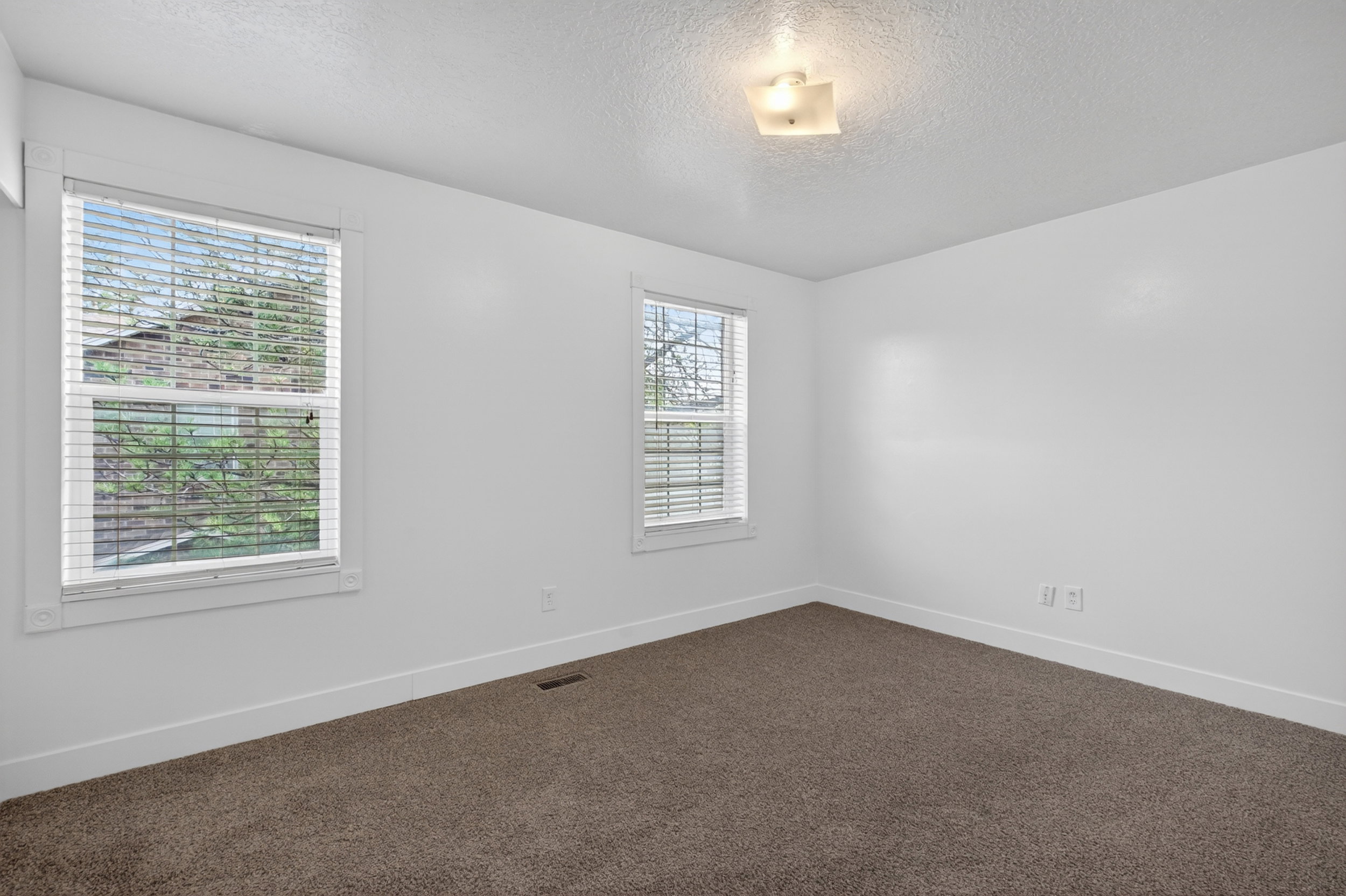 Bright interior space featuring two windows with white blinds, neutral carpeting, and white walls