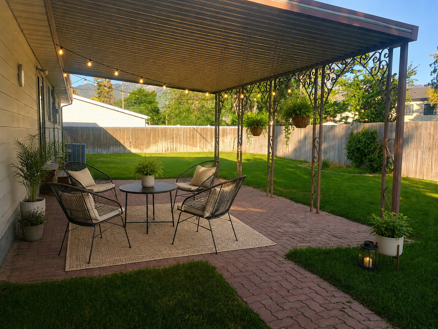 Covered patio with a corrugated roof and ornate metal supports