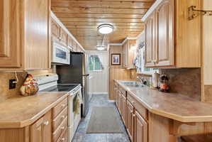 Galley kitchen featuring light wood cabinetry, wood-finish ceiling, dual basin sink, and a window
