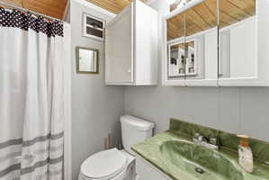 Bathroom featuring a wood-panel ceiling, light gray wall paneling, and a toilet