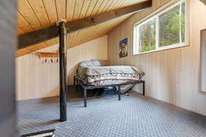 Vaulted wood-paneled ceiling with exposed beam, light wood paneling, and a large window overlooking natural scenery