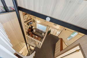 Vaulted ceiling with wood-finish paneling