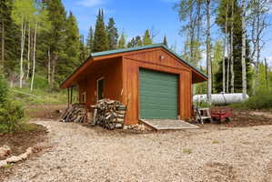 Wood-sided outbuilding with a green garage door and green metal roof