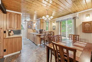 Open concept kitchen and dining area with wood-finish flooring, wood plank ceiling, and ample cabinetry