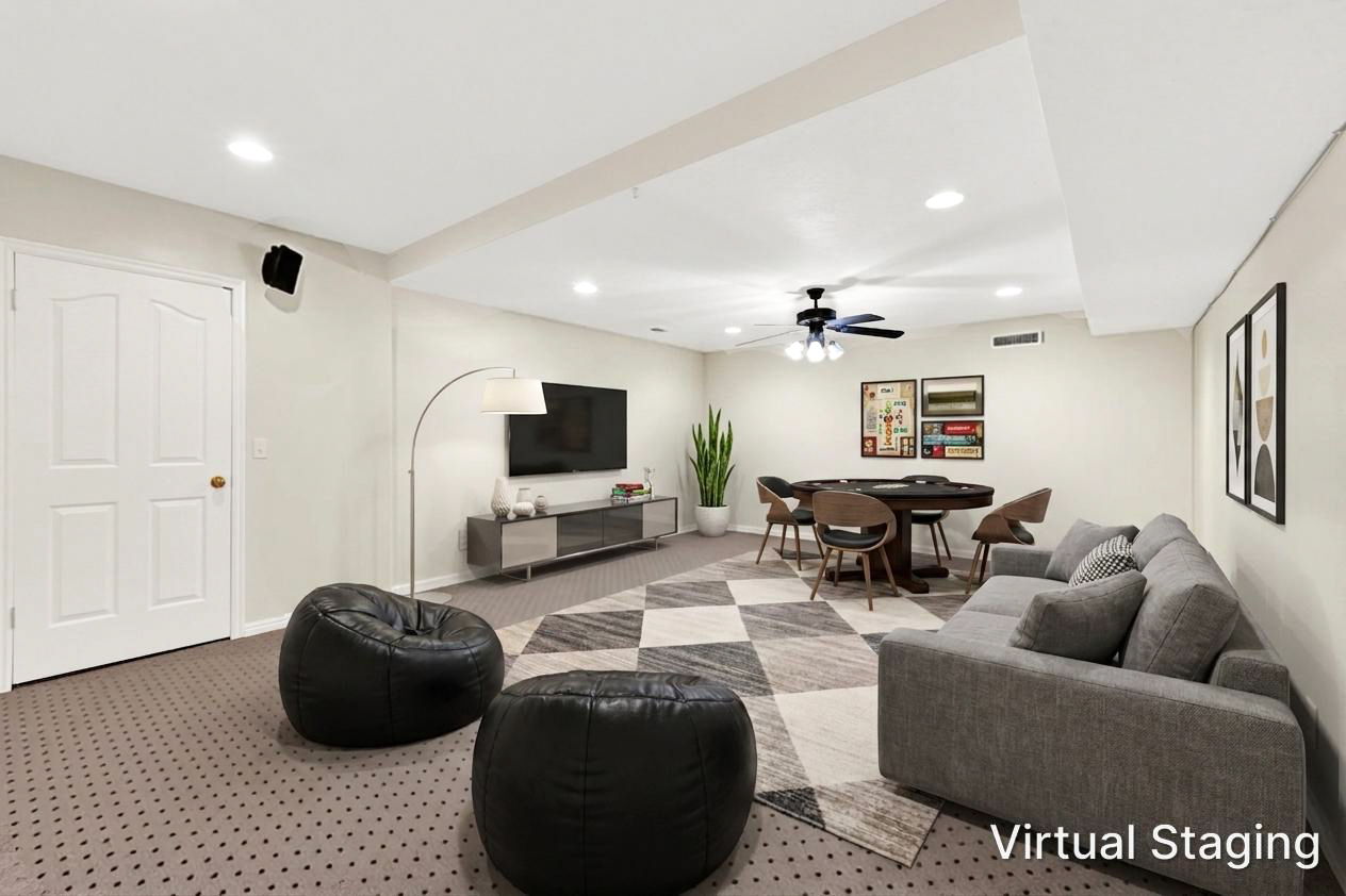* Virtual staging to show possible use of the large flex space in basement.