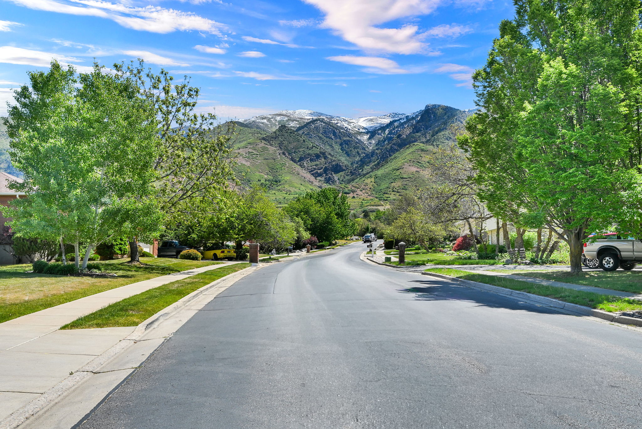 Paved roadway lined with manicured lawns and mature trees, featuring a mountain backdrop with visible snow caps