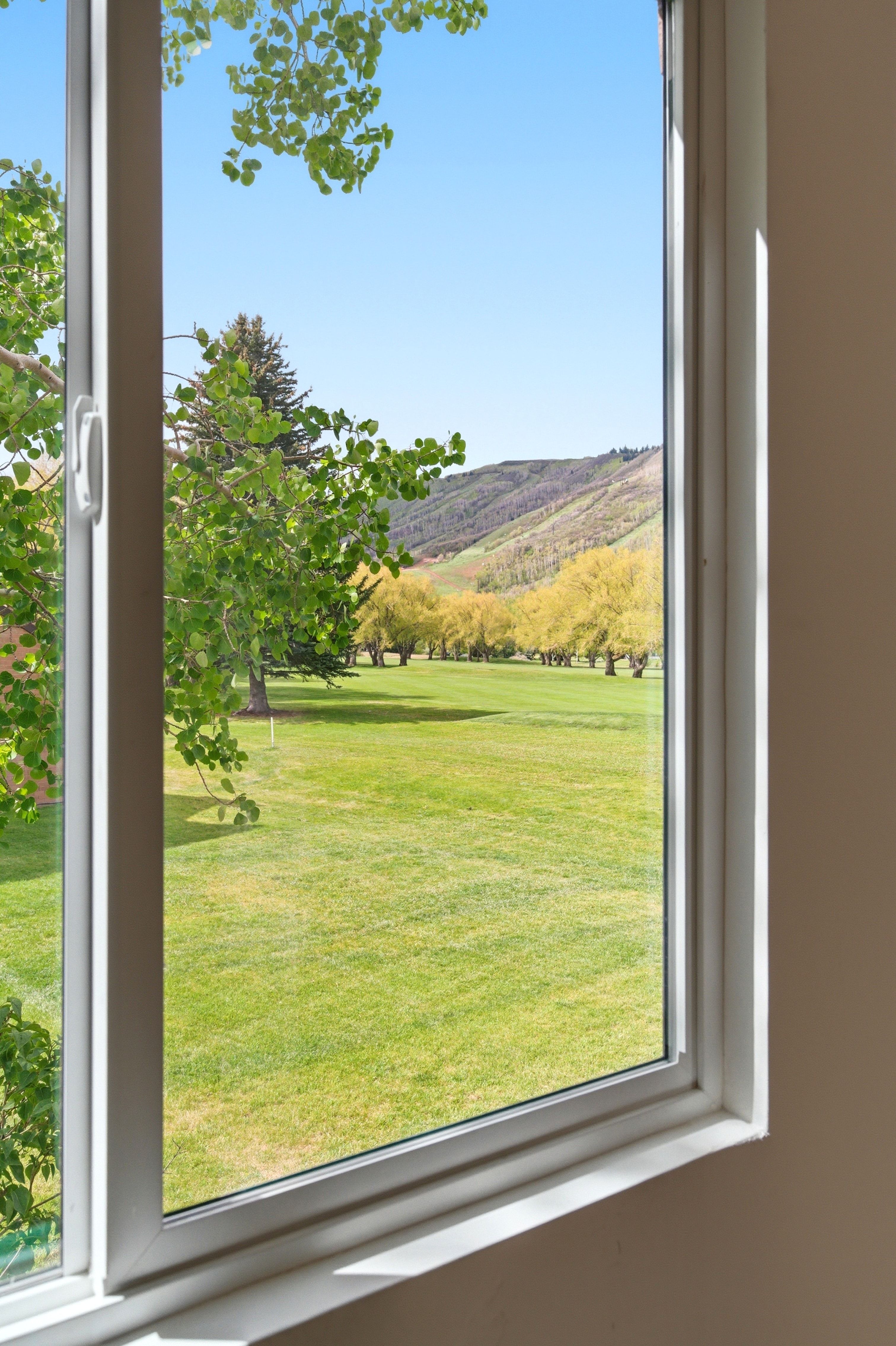 Double-pane window framing a verdant golf course and distant tree-covered mountains