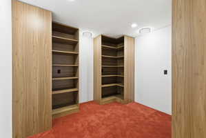 Built-in wood-finish shelving with concealed cabinetry, overhead flush lighting, and textured red carpet flooring
