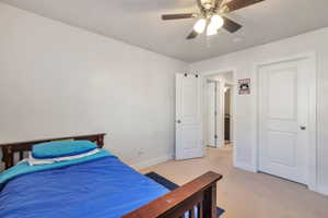 Carpeted room featuring a ceiling fan with light fixture, white walls, and white trim