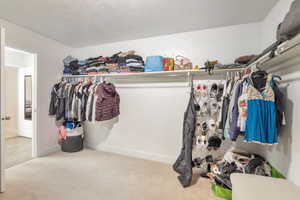 Walk-in closet featuring light-colored carpeting, multiple clothes rods, and upper storage shelving