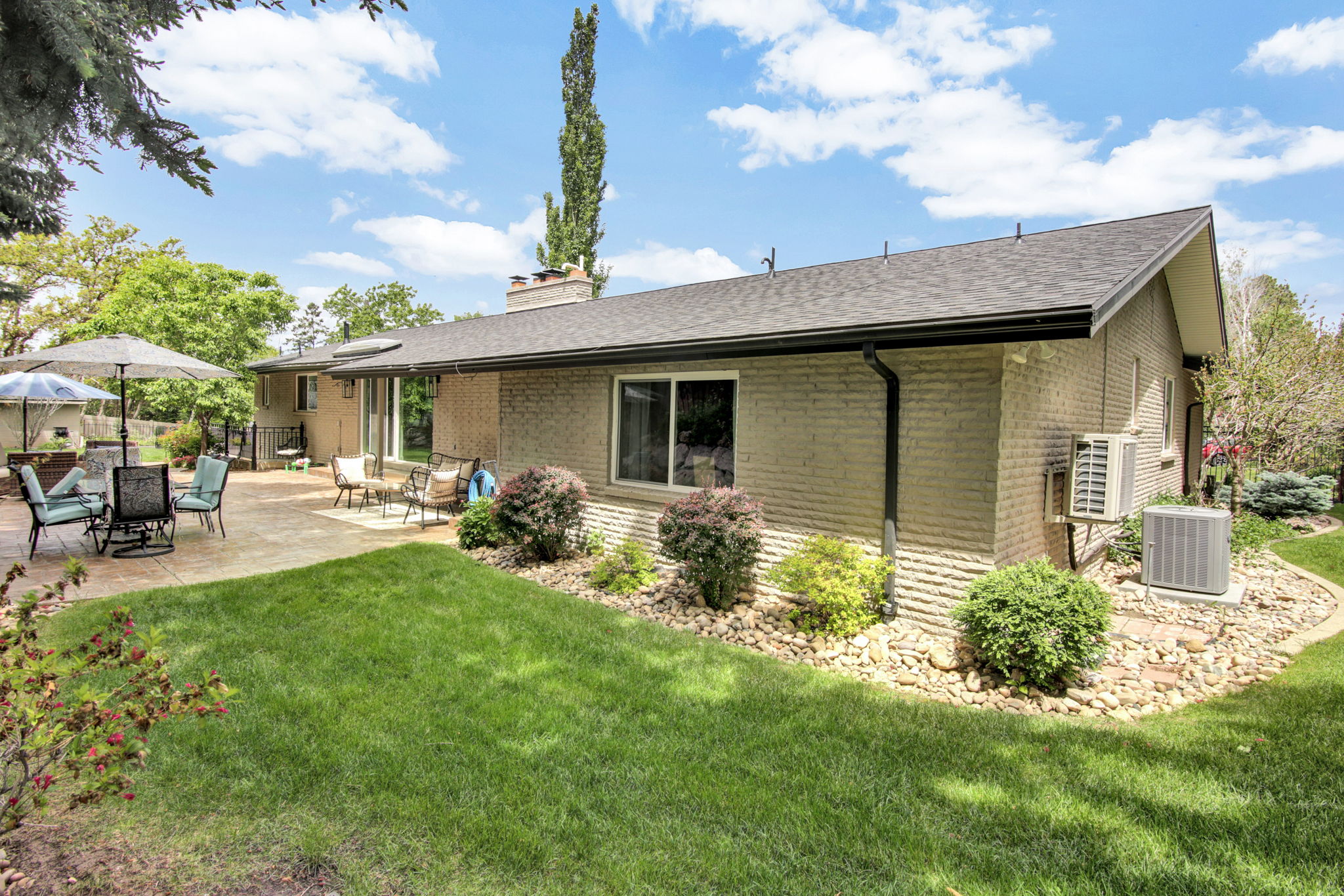 Expansive backyard featuring a large concrete patio, manicured lawn, and mature landscaping