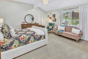Spacious room featuring vaulted ceilings, ample natural light from a large window, light-toned carpeting, and a built-in wall molding accent