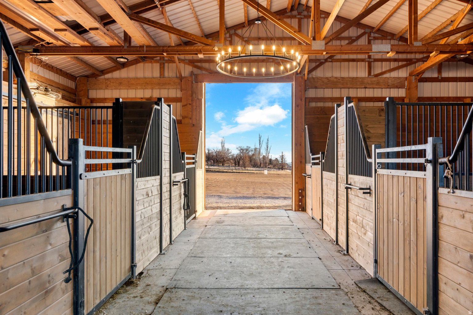 Barn interior featuring multiple stalls with wood and black metal construction