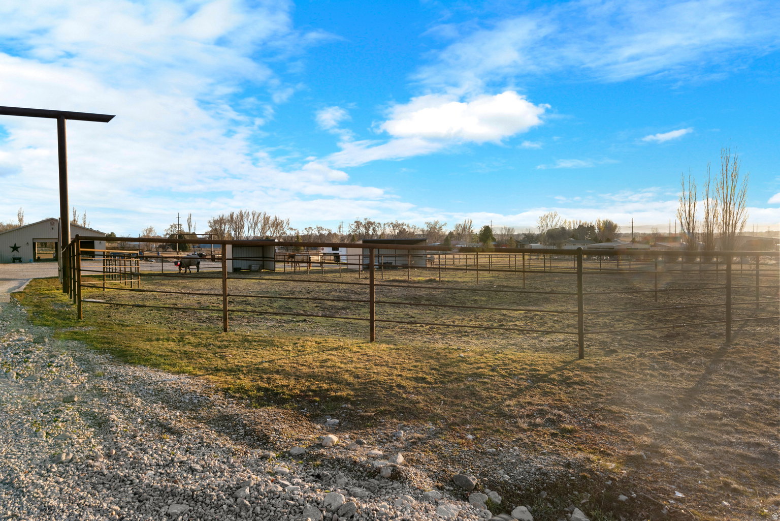 Extensive open land featuring multiple fenced paddocks, covered animal shelters, and a gravel drive
