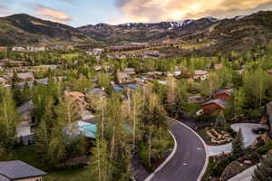 Paved winding road amidst mature trees, showcasing surrounding residential properties and distant snow-capped mountains