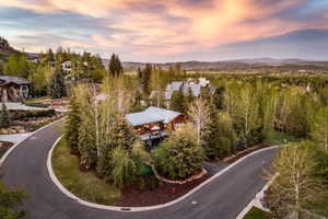 Hillside property featuring a multi-level wood and stone exterior, a metal roof, and surrounding mature trees