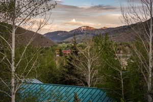 Mountainous landscape featuring verdant hillsides and a distant snow-capped peak
