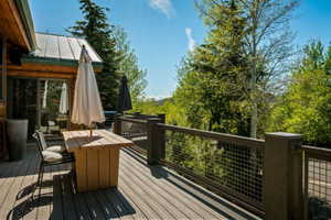 Expansive deck featuring wood-finish flooring and a metal mesh railing system