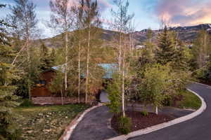 Log-style exterior with a stone foundation, surrounded by mature trees and natural landscaping