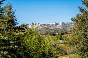 Mountain backdrop featuring snow-capped peaks and distant residences