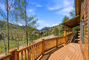 Expansive outdoor deck featuring log railing and wood-finish flooring