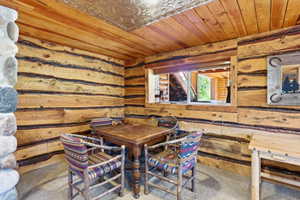 Wood-paneled room featuring a window, wood-finish ceiling, and textured carpet