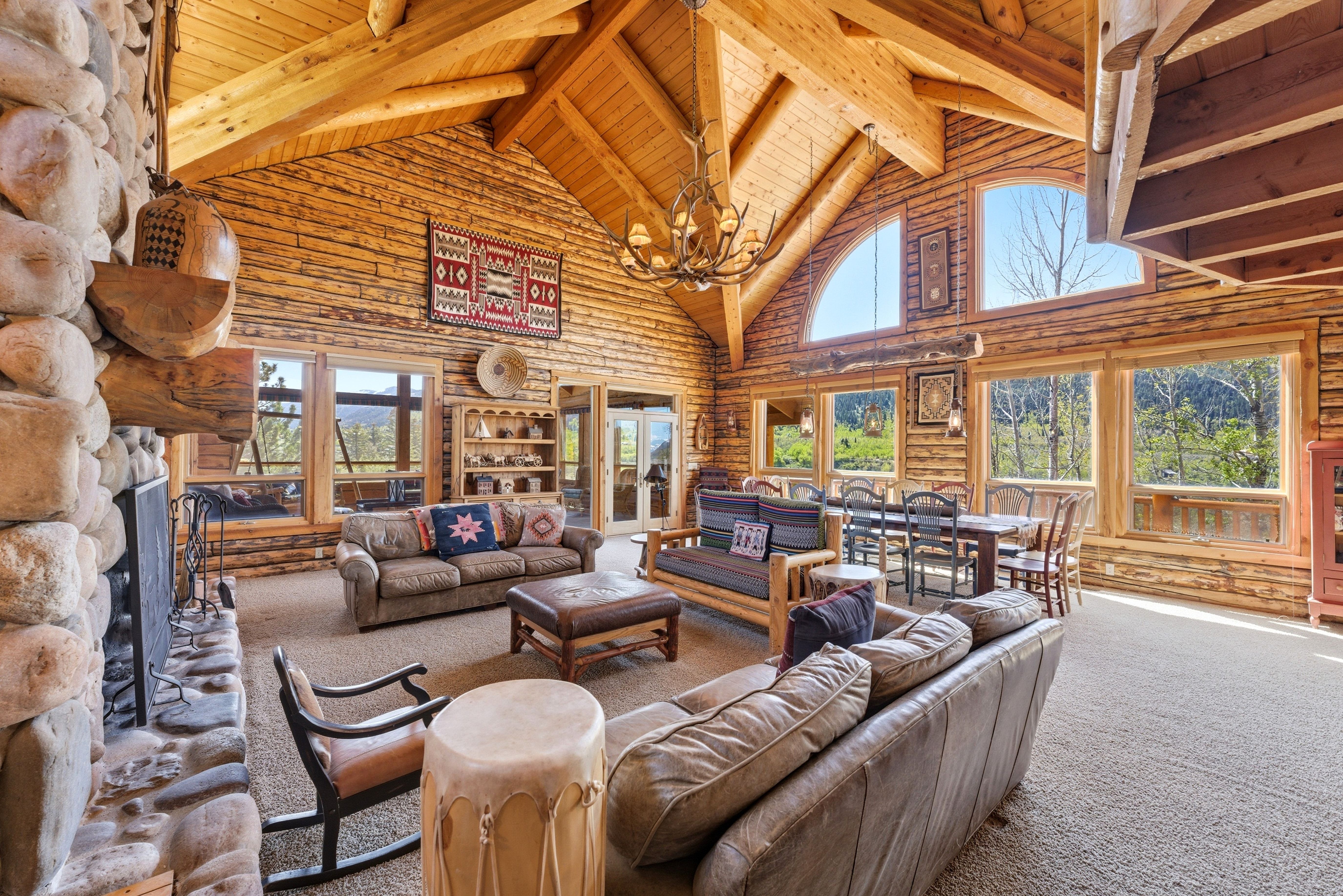 Vaulted wood-paneled ceilings with exposed beams