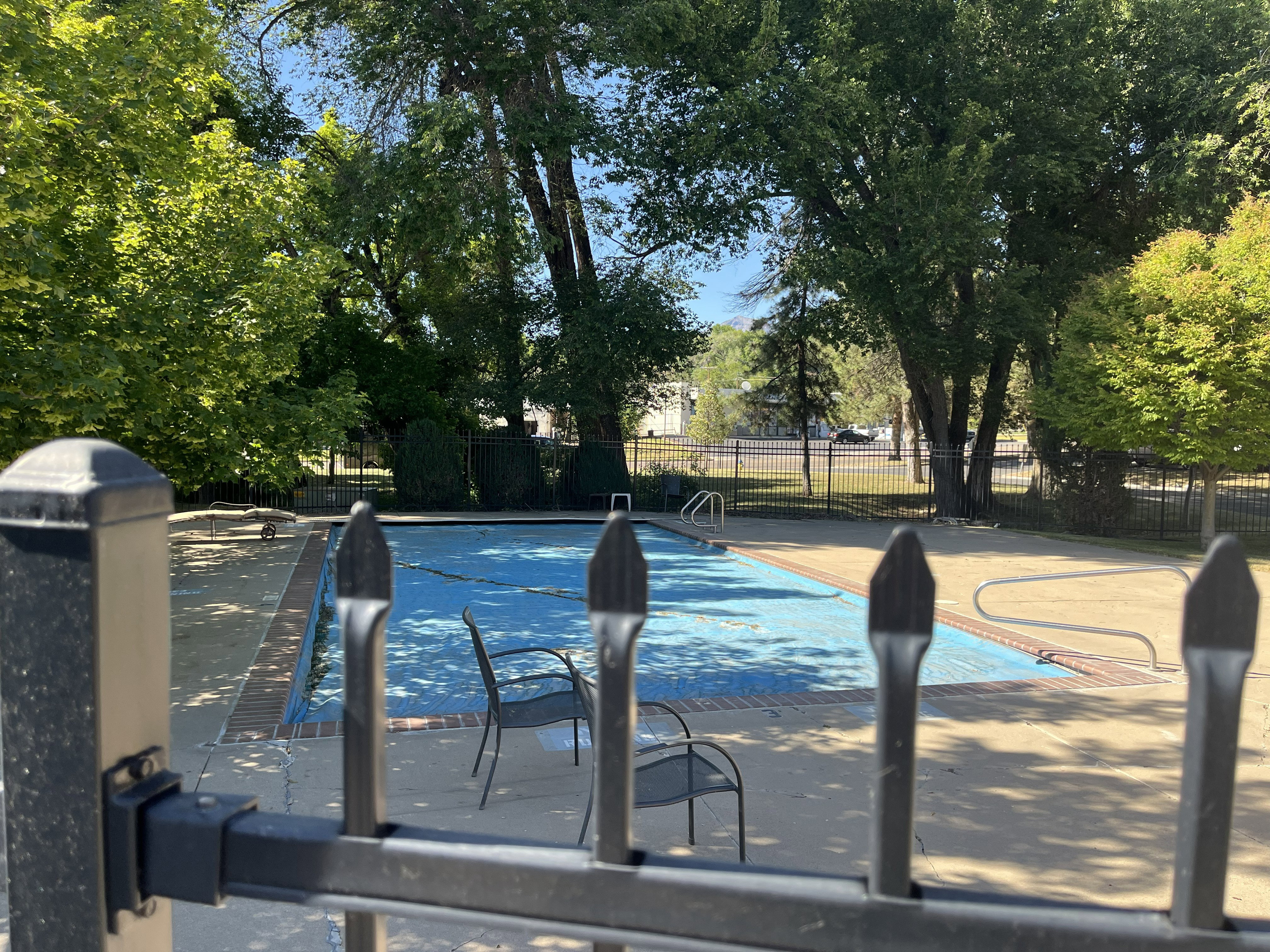 Gated swimming pool area featuring a covered pool, concrete decking, and mature surrounding trees