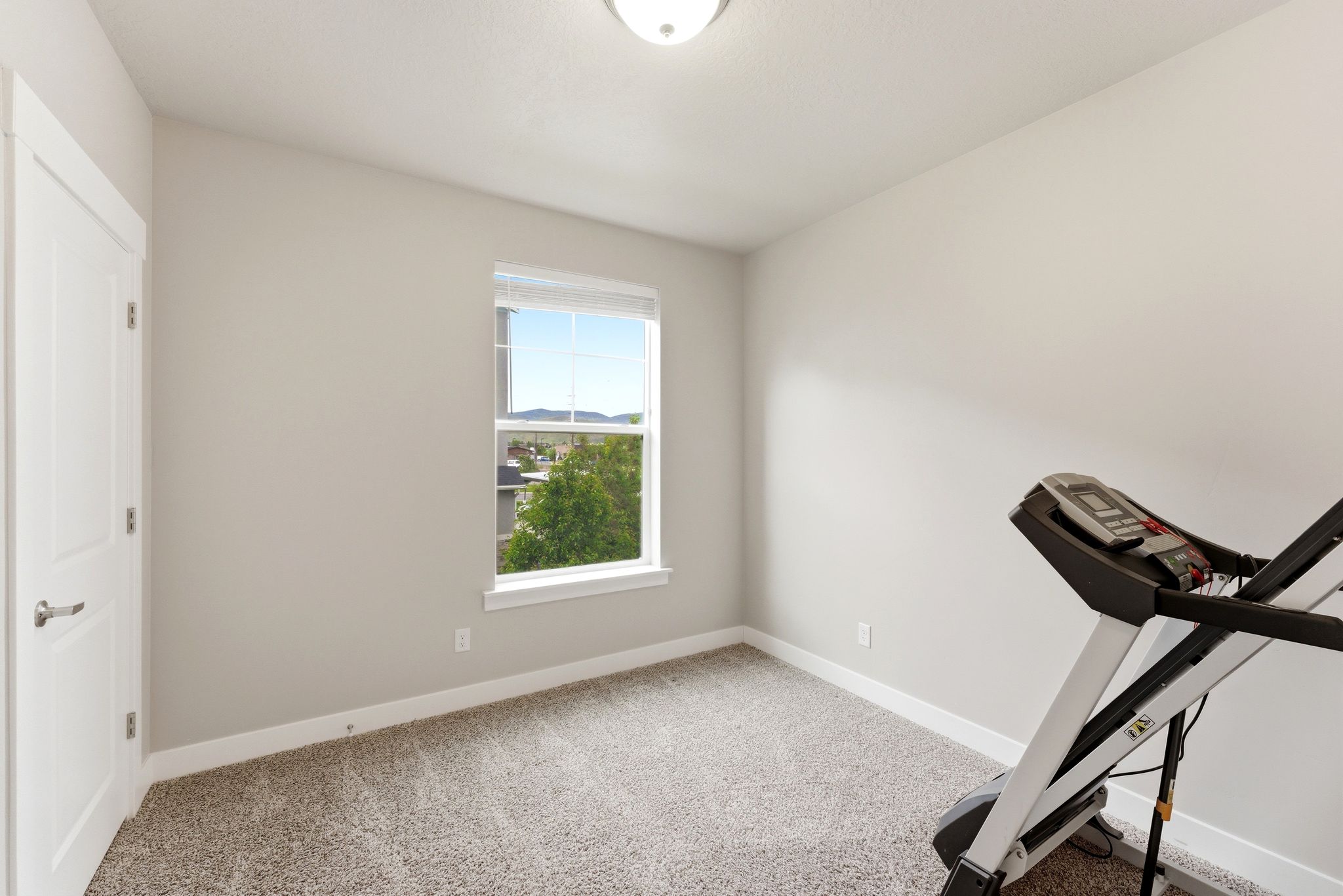 Compact room featuring light gray walls, plush carpet flooring, white trim, a single window, and a flush mount ceiling light fixture