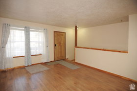 Entryway featuring a carved wood door, light wood-finish flooring, and a pair of windows