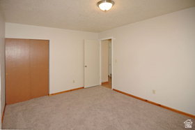 Carpeted room with light-toned walls and wood-finish baseboards