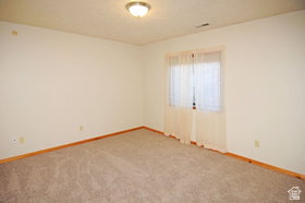 Neutral-toned carpet flooring with light wall paint and natural wood baseboards