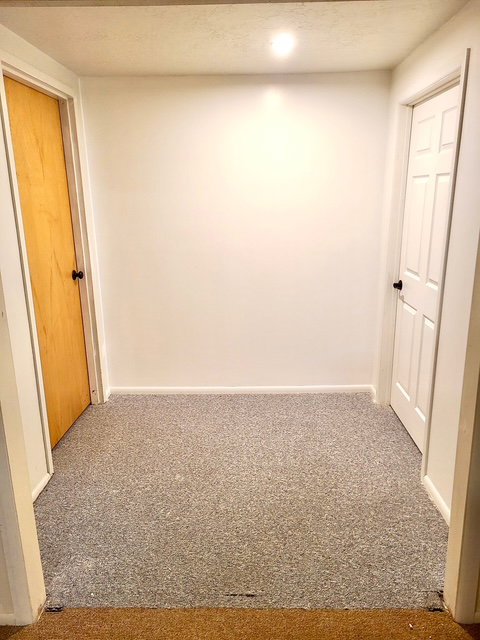 Hallway featuring light gray speckled carpeting