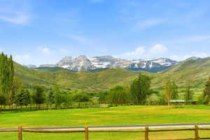 Expansive green field bordered by a rustic wooden fence, featuring distant snow-capped mountains and rolling green hills