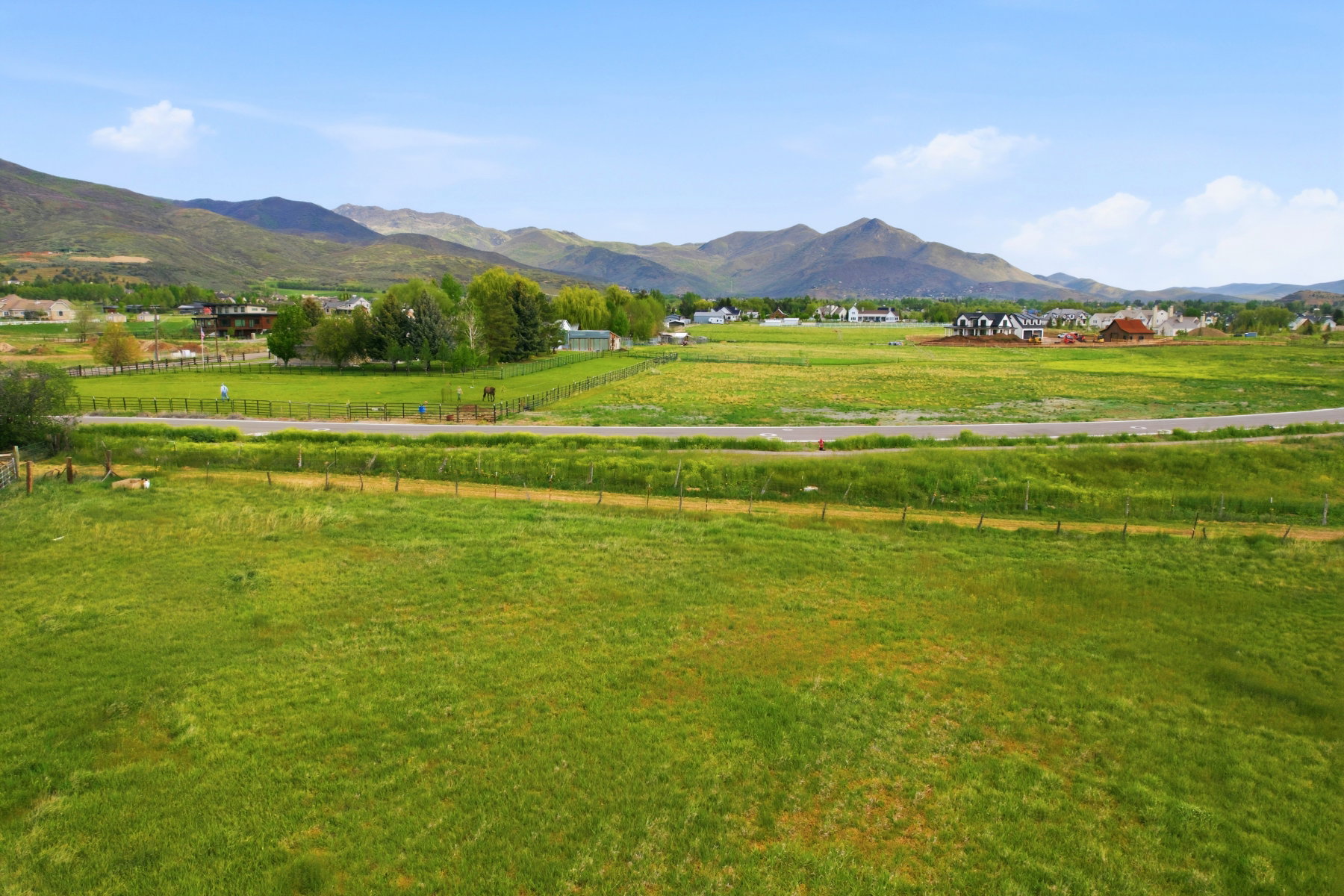 Expansive green fields extending towards distant mountains, featuring a paved roadway and scattered residential structures
