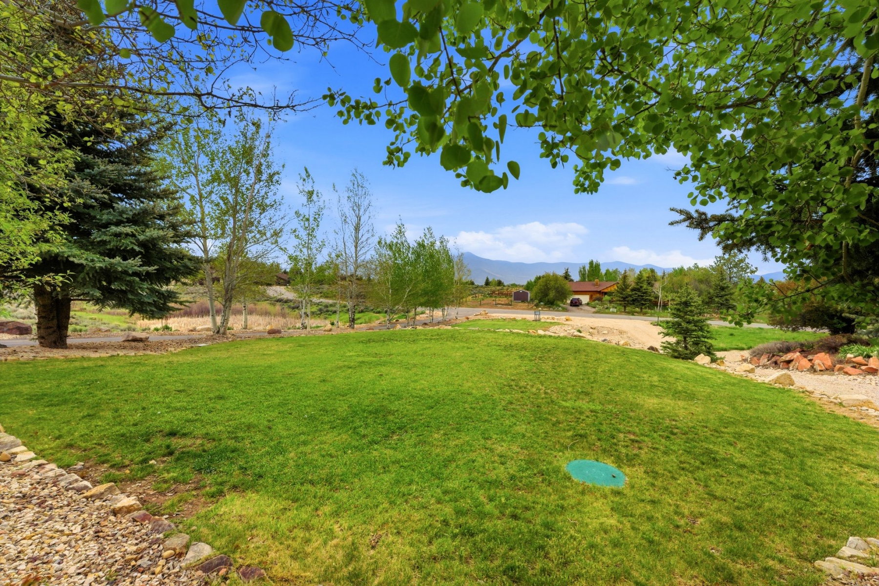 Expansive lawn area surrounded by mature trees and natural landscaping
