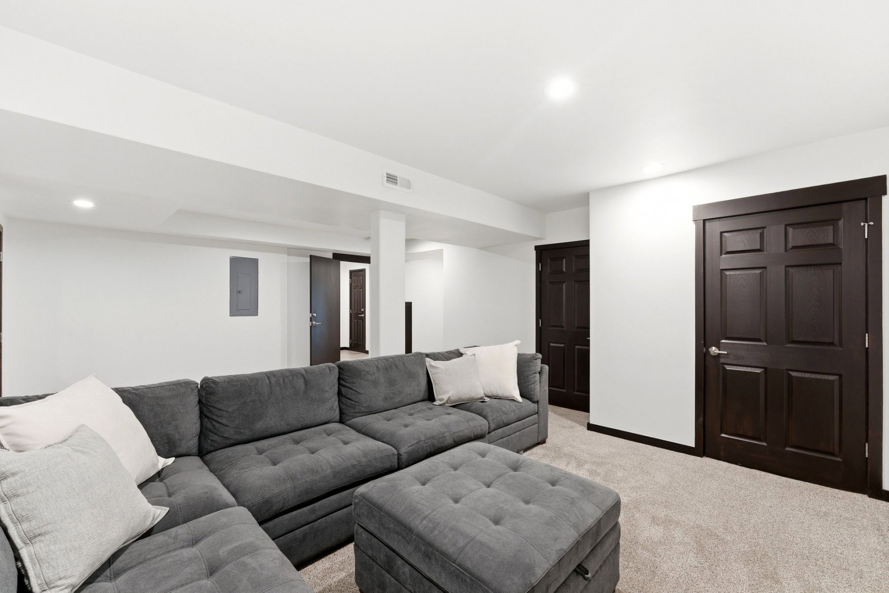Finished lower level featuring recessed lighting, plush carpet, white walls, and dark paneled doors with contrasting trim