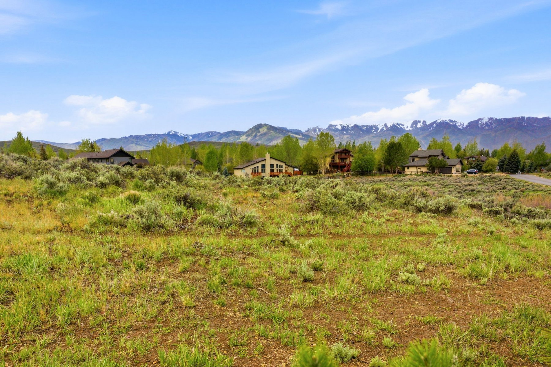 Expansive open terrain featuring natural vegetation, distant mountain ranges with snow-capped peaks, and a clear blue sky