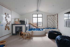 Versatile bonus room featuring a built-in play structure with a slide, a recessed pit, a climbing wall, and recessed lighting