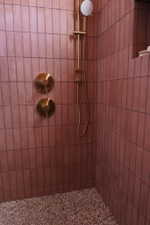 Shower with vertical subway tile in a terracotta hue, featuring brass fixtures including a rain shower head and handheld sprayer