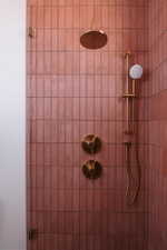 Shower enclosure featuring vertical terracotta-toned tile, a rain showerhead, a handheld shower fixture, and brass-finish hardware