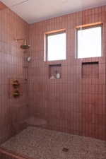 Shower enclosure featuring vertical-stacked tile walls, an exposed pebble floor, and dual recessed niches
