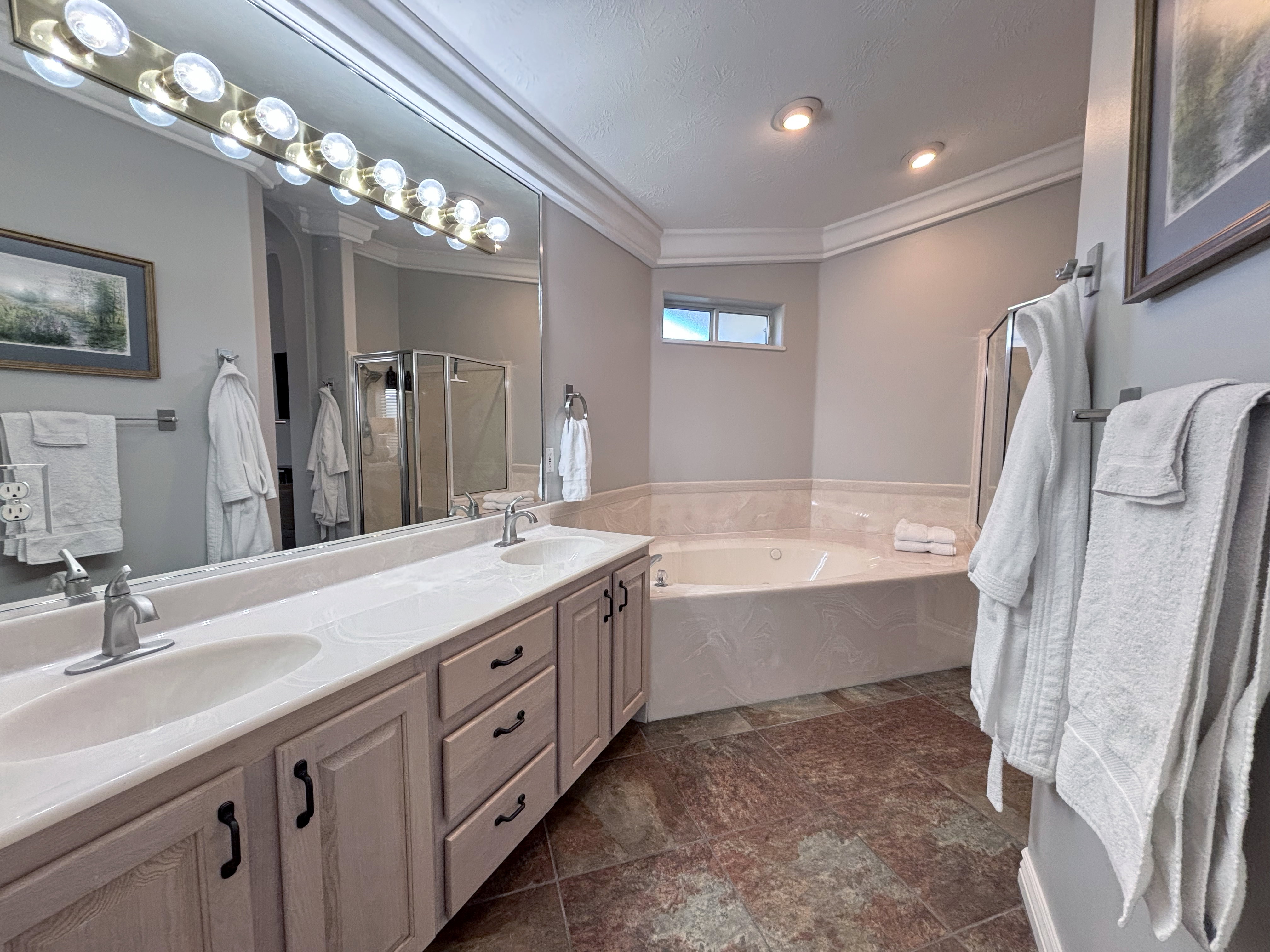 Double vanity featuring dual sinks and under-cabinet storage