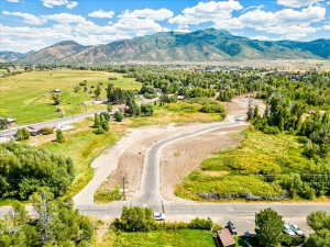 Aerial perspective showcasing graded land with a paved cul-de-sac, surrounded by mature trees and natural vegetation