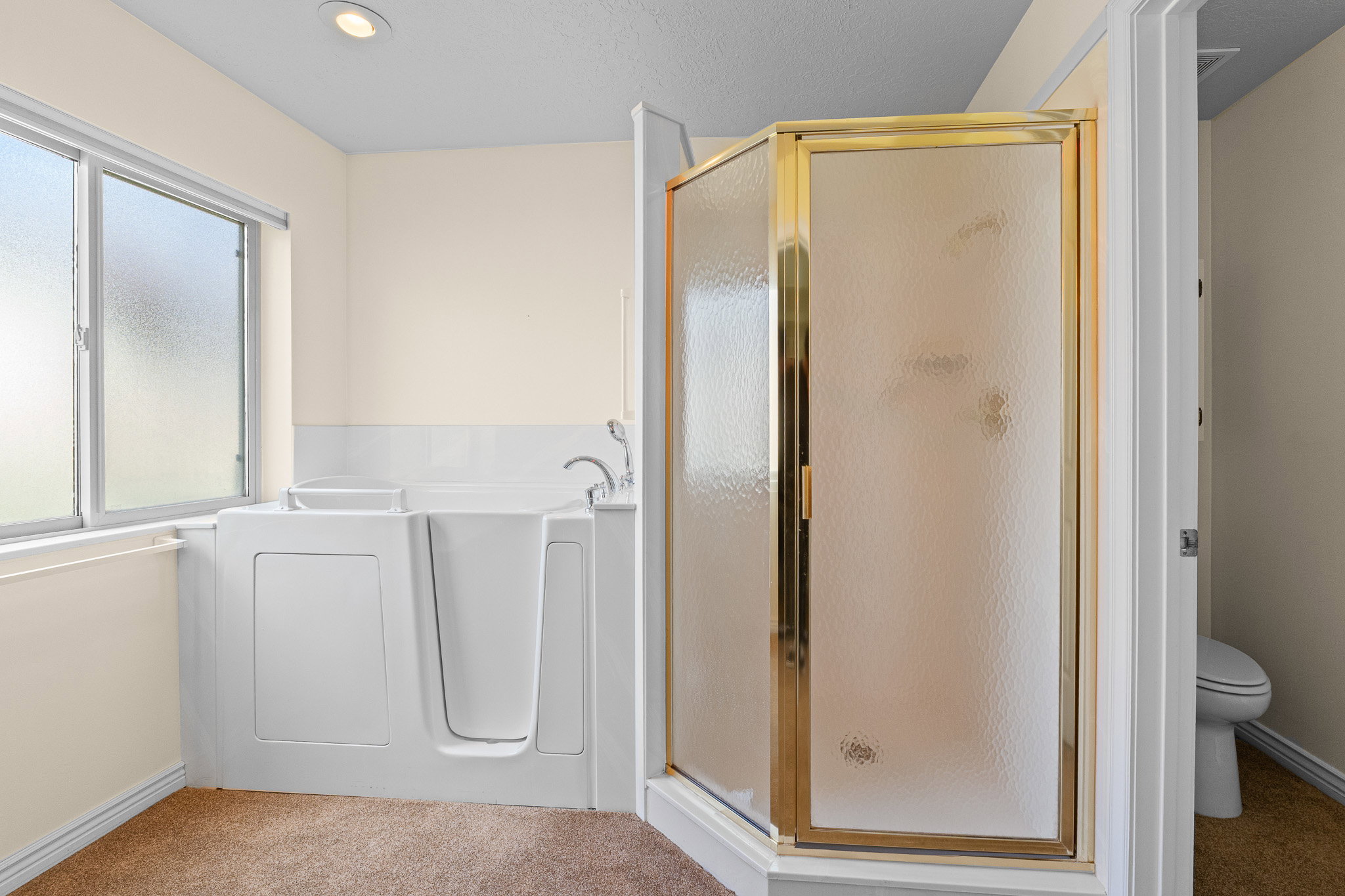 Walk-in tub with chrome fixtures, complemented by a corner shower with a gold-finish frame and frosted glass