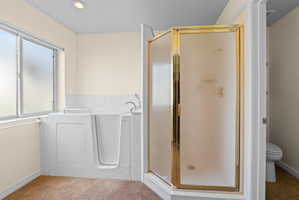Walk-in tub with chrome fixtures, complemented by a corner shower with a gold-finish frame and frosted glass