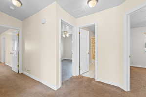 Carpeted hallway with light-toned walls and white trim