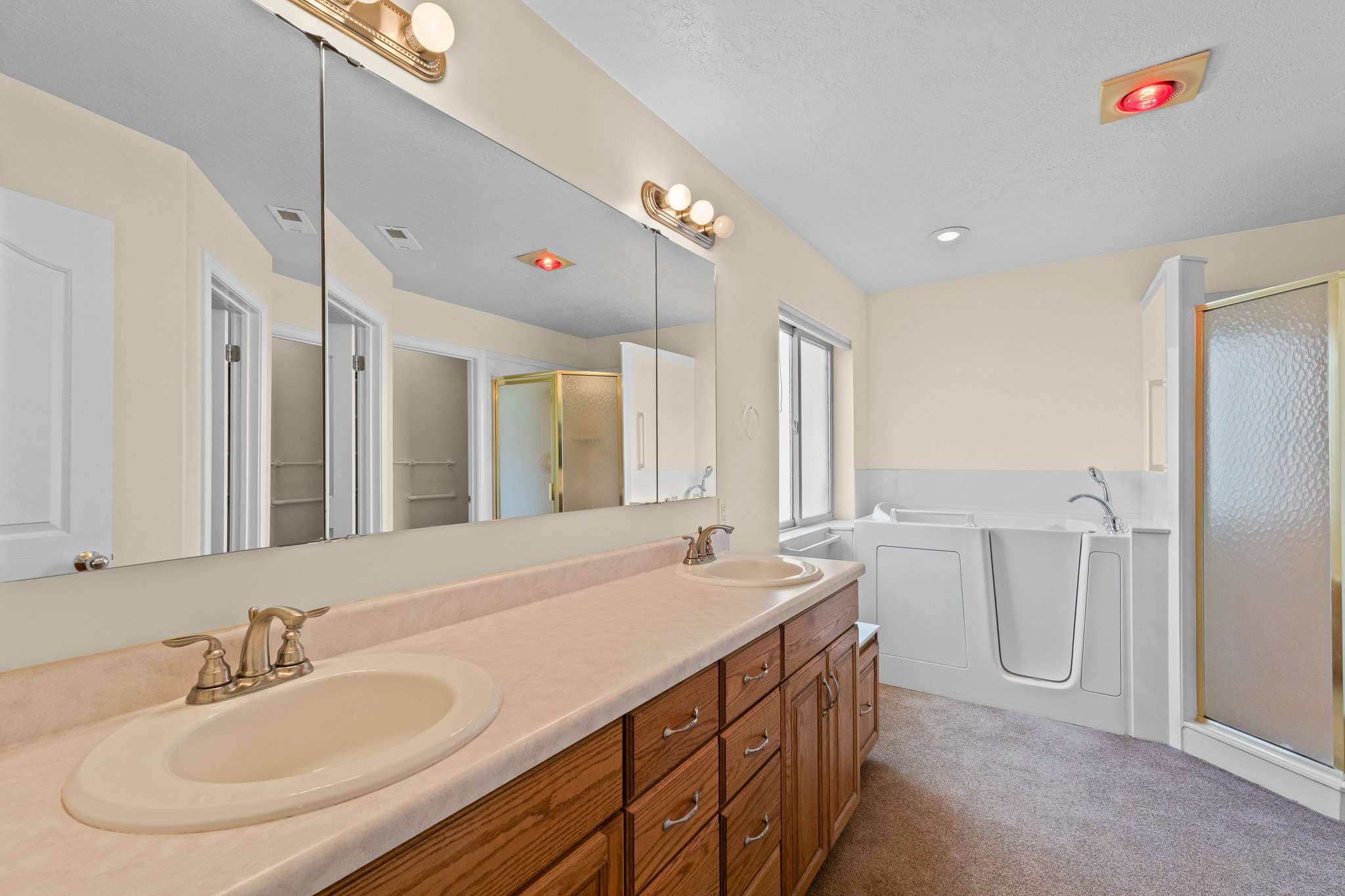 Bathroom featuring a dual vanity with wood cabinetry, a walk-in tub, and a separate shower enclosure