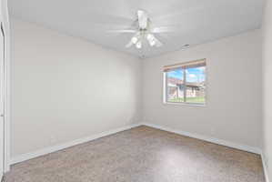 Light-filled room featuring a broad window, white trim, and neutral-toned carpet